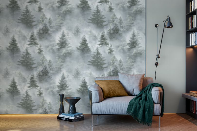 обои с крупным рисунком в интерьере гостиной