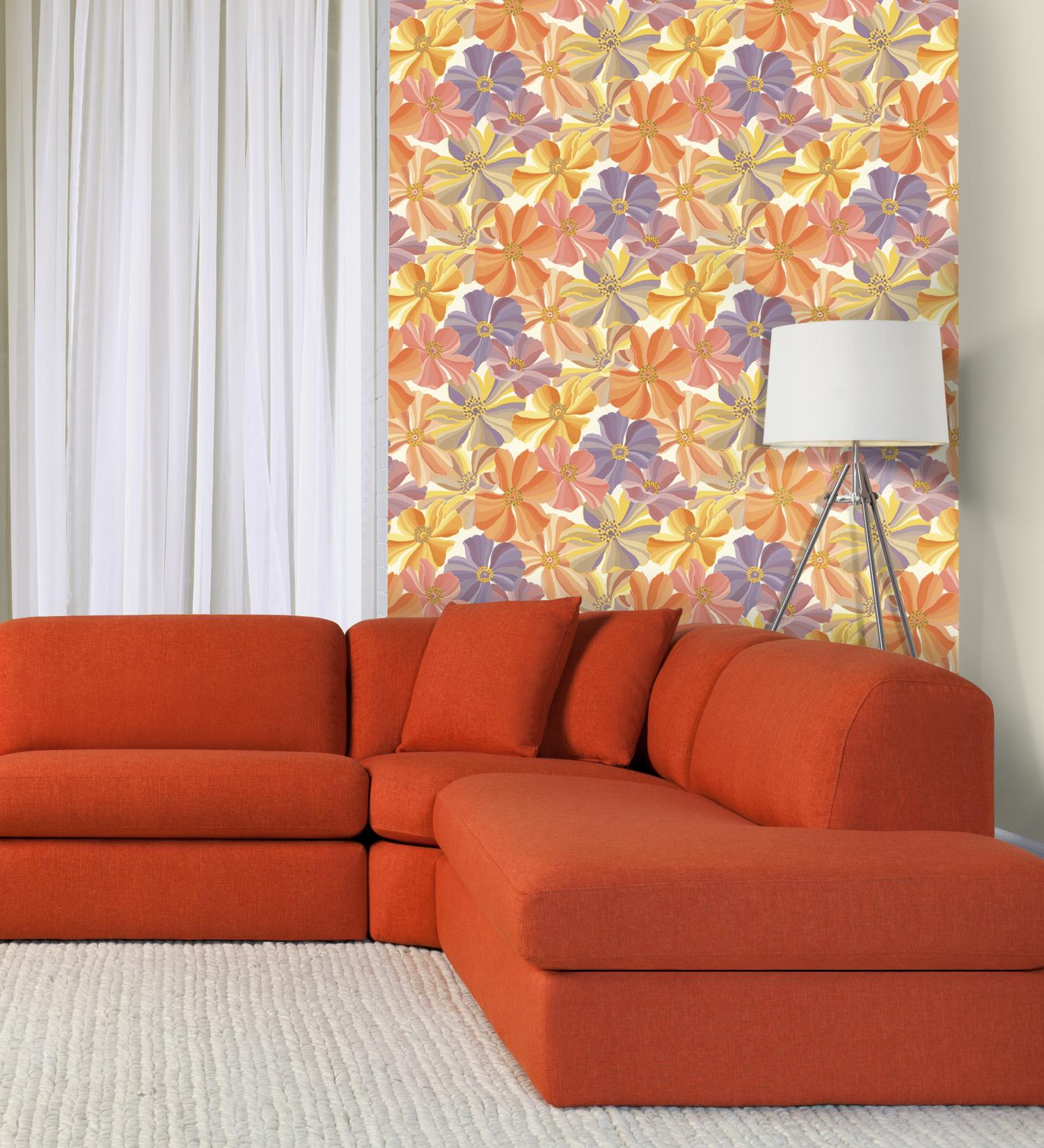 Сайт обойной фабрики. Оранжевый диван в гостиной. Оранжевый диван в интерьере. Оранжевые обои виниловые. Обои палитра в интерьере.